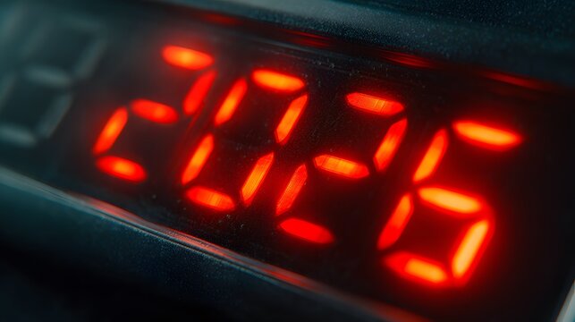 Close-up of LED Digital Display Showing Numbers 77.50 with Red Glow and Black Background - Powered by Adobe
