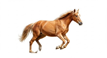 白い背景に映える金色のたてがみを持つ美しい馬が力強く駆け抜ける明るい光がその躍動する姿を鮮やかに照らす. AI Generated