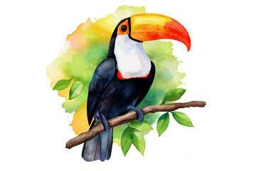 Fototapeta premium Watercolor Toucan Perched on Branch Isolated on Transparent Background