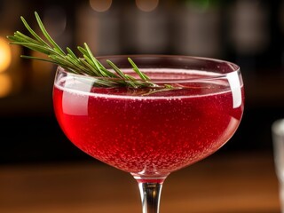 A vibrant red cocktail garnished with a fresh sprig of rosemary in a coupe glass, set against a blurred background.