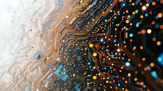 Close-up abstract view of glowing electronic circuit board with microchip patterns.