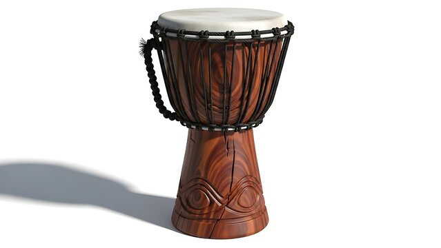 Wooden hand drum with black ropes and a white drumhead standing upright against a white background