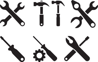 Essential Hand Tools Icons Set: Crossed Wrenches, Hammer, Screwdriver, and Pliers for Repair, Service, and Construction Projects