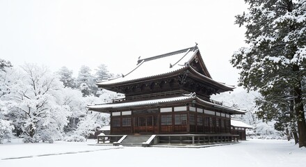 雪深く積もる冬の日本情緒あふれる古刹が白い雪原に凛と立つ木造建築に柔らかな冬の日差しが降り注ぐ静謐な冬景色. AI Generated