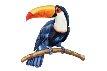 Fototapeta premium Colorful Toucan Bird on Branch Watercolor Illustration Isolated on Transparent Background PNG 