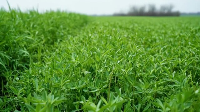 Closeup medium shot of lush annual cover crops growing densely in a field demonstrating effective nutrient replenishment and erosion control.