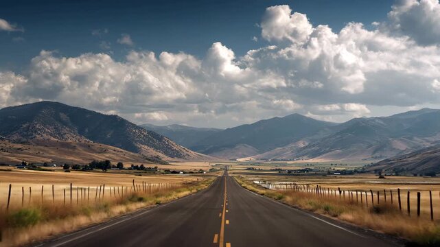 Ultra HD Long straight empty road leading through a dry valley towards distant mountains under a dramatic cloudy sky video
