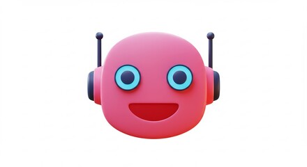 柔らかな光に照らされ白い背景に浮かぶピンク色の愛らしい3Dロボットの顔アイコン丸みを帯びた形状が際立つ表現. AI Generated