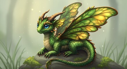 苔むした岩で穏やかに休む緑の羽根を持つ幼い竜 幻想的な森の柔らかな光が優しく包む. AI Generated