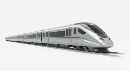 クリーンな白背景に浮かぶ流線形の銀色高速列車 現代的で洗練されたデザインが未来の移動を象徴する. AI Generated