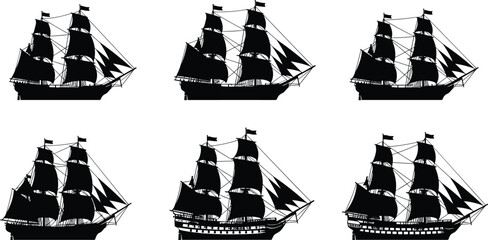 Silhouettes of historical sailing ships with multiple masts and sails, ideal for naval history, maritime design, and vintage nautical artwork. © Hasem Creative