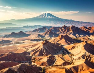 Aerial view of a mountain range with a snow-capped peak