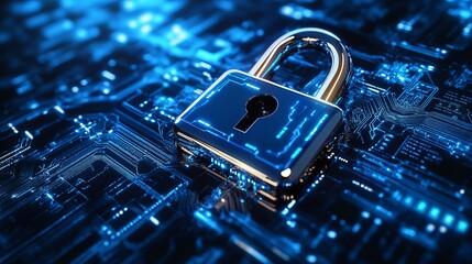 Digital padlock on futuristic circuit board, cybersecurity protection concept