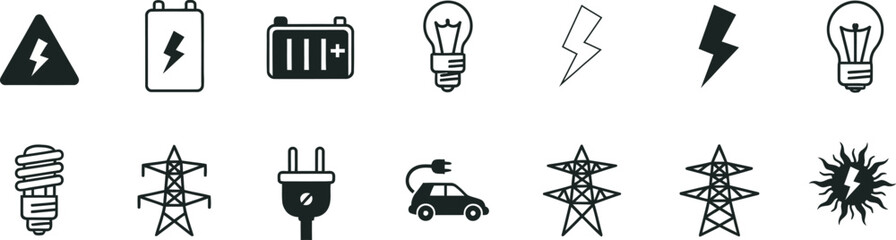 Fototapeta premium Collection of black and white electrical and energy icons and symbols