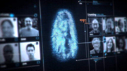 A digital identity verification concept showing biometric fingerprint scanning and secure personal identification technology.

