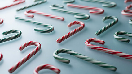 A collection of classic red and white and green and white striped candy canes scattered across a light blue surface.
