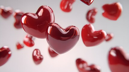 Shiny Red Hearts Floating in Air on White Background - 3D Rendering for Valentine's Day