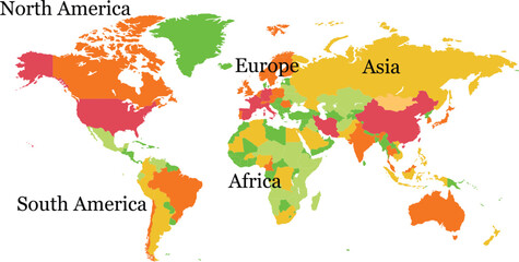 Obraz premium World map. color full Continents of Africa, Asia, Australia, Earth, Europe, South and North America. Earth planet. Pacific, Atlantic, Indian, Arctic ocean. Concept of cartography, geography. 