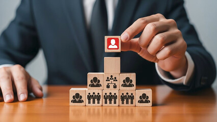 Building the Hierarchy: A professional's hand carefully places the top block, symbolizing strategic selection and leadership in the workplace.