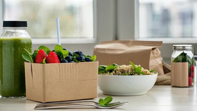 Enjoy a vibrant display of healthy meal options including a refreshing smoothie and a delicious quinoa salad with fresh berries