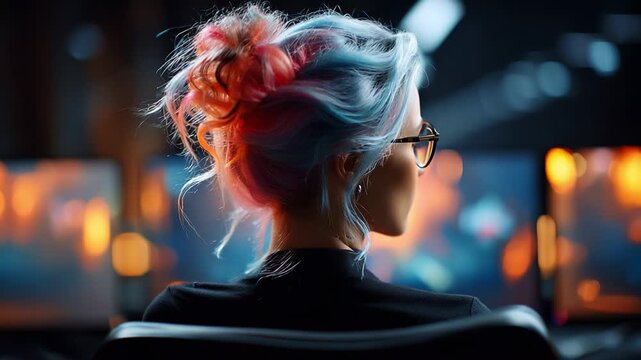 A young woman with vibrant, colorful hair, wearing glasses, sits in front of multiple glowing computer screens, deeply engaged in her digital environment, showcasing modern technology and creativity.