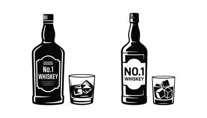 Whiskey bottles and glasses with ice cubes, Whiskey bottles and accompanying glasses with ice, Whiskey bottle and a short glass containing ice cubes, Vector illustration