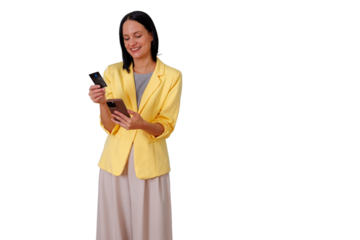 Woman in yellow jacket using smartphone and credit card for secure online shopping and mobile payment on transparent background