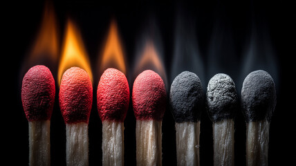 A series of burning and extinguished matches representing energy cycles and the broader concept of burnout, transformation and decline.
