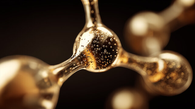 A golden molecular form filled with microbubbles depicting chemical bonding and symbolizing innovation within advanced material science.

