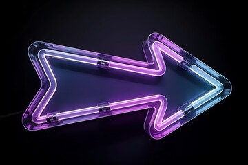 Futuristic neon arrow in vibrant purple and blue hues, glowing with energy on a dark background, signifying direction.