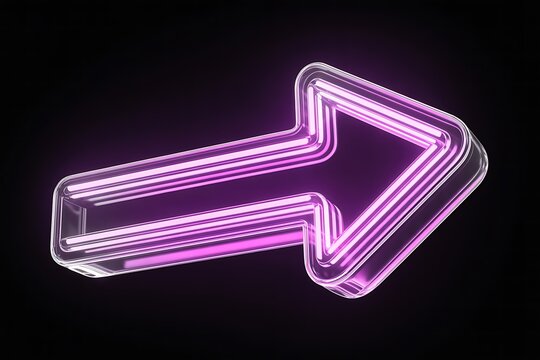 Bright neon arrow pointing right, with a glass-like outline and vibrant purple glow against a dark void. - Powered by Adobe