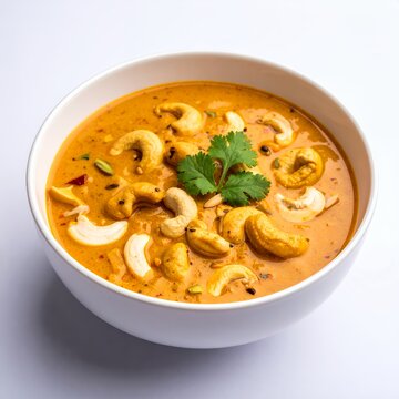 Creamy cashew curry dish presentation against a clean white background surface