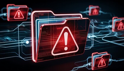 Abstract digital network with glowing red folders and warning icons, highlighting cybersecurity threats and data risks