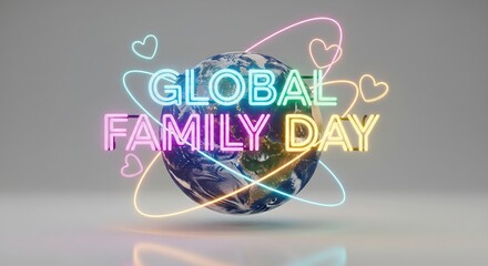 Vibrant Global Family Day celebration with Earth and neon hearts