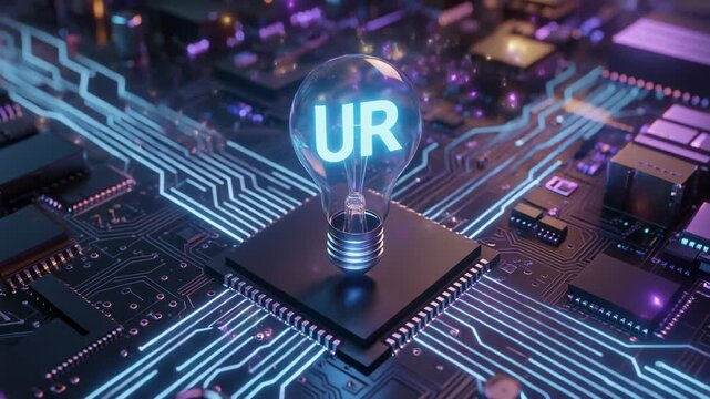 Futuristic circuit board with glowing light bulb displaying U R concept innovation technology digital transformation artificial intelligence data science