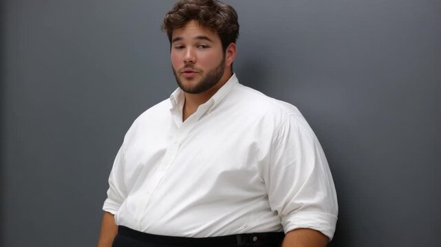 This video features a man in a white shirt standing in front of a gray backdrop. It captures the essence of casual confidence in familiar situations. AI