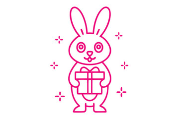 Pink bunny character holds a wrapped gift box with ribbon in a whimsical outline