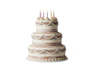 Three-tiered cake with white frosting and decorative borders candles celebration