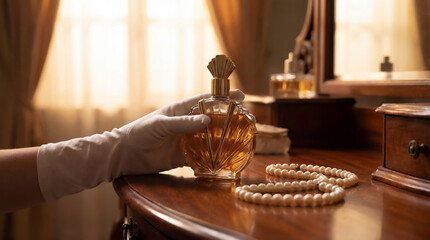 A classic 1920s fashion and beauty concept. A close-up of a woman's hand in an elegant white glove holding a beautiful perfume bottle on a wooden table