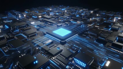 Futuristic glowing blue circuit board with central processor chip and data streams technology innovation concept digital network abstract background - Powered by Adobe