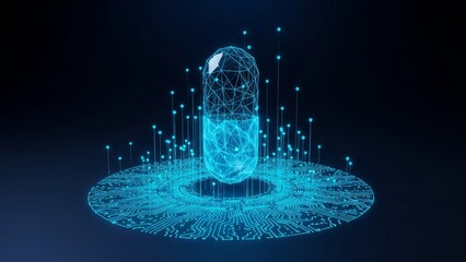 Futuristic 3D render of a glowing blue digital pill capsule on a circuit board pattern, surrounded by glowing blue dots, representing technology, medicine, and data.