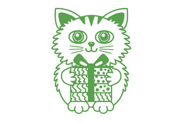 Green cat holds gift with both paws on white transparent background delighting everyone