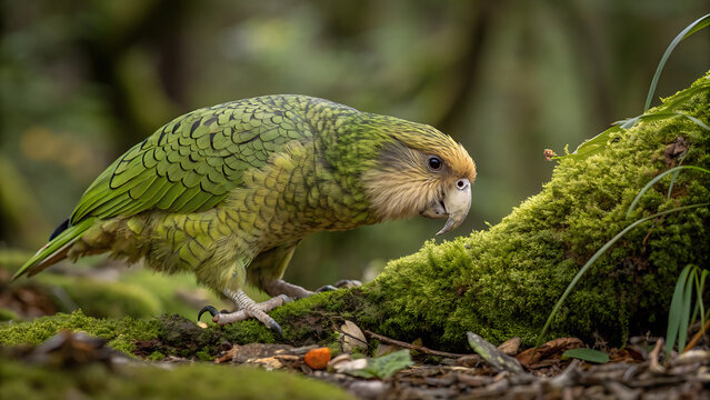 Isolated Close-up of a kakapo parrot in its natural habitat.