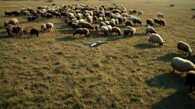 Close medium shot of a quadcopter drone flying over a herd employing multispectral imaging to detect subtle health changes in animals remotely.
