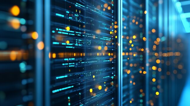 Modern Data Center with Blue-Lit Servers and Digital Network Connections - Powered by Adobe