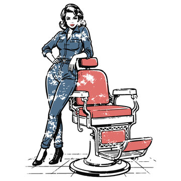 Retro Pin-up Barber Girl: Stylish Woman in Jumpsuit Leaning on Vintage Salon Chair. Comic Book Pop Art Vector Illustration.