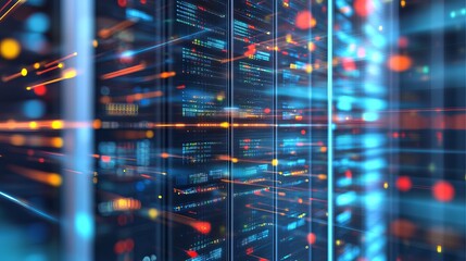 Futuristic Data Center with Glowing Servers and Digital Networks