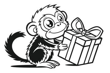 Obraz premium Cartoon monkey is happily holding a present with a cute smile, and transparent background