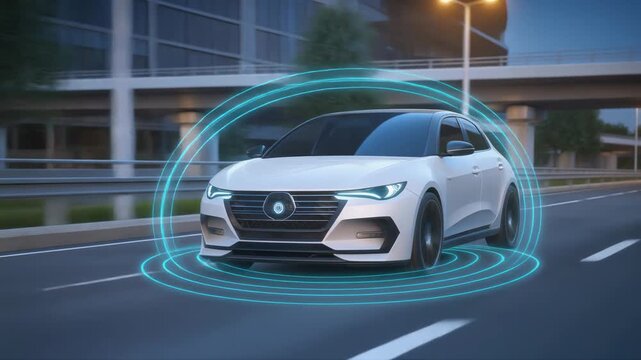 Futuristic white electric car driving on city highway with glowing blue energy shield and futuristic urban background at dusk advanced automotive technology concept