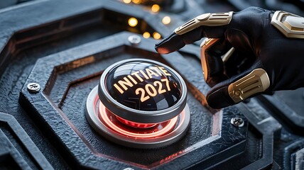 Futuristic button labeled 'Initiate 2027' being pressed by a gloved hand, symbolizing starting a new era or project.